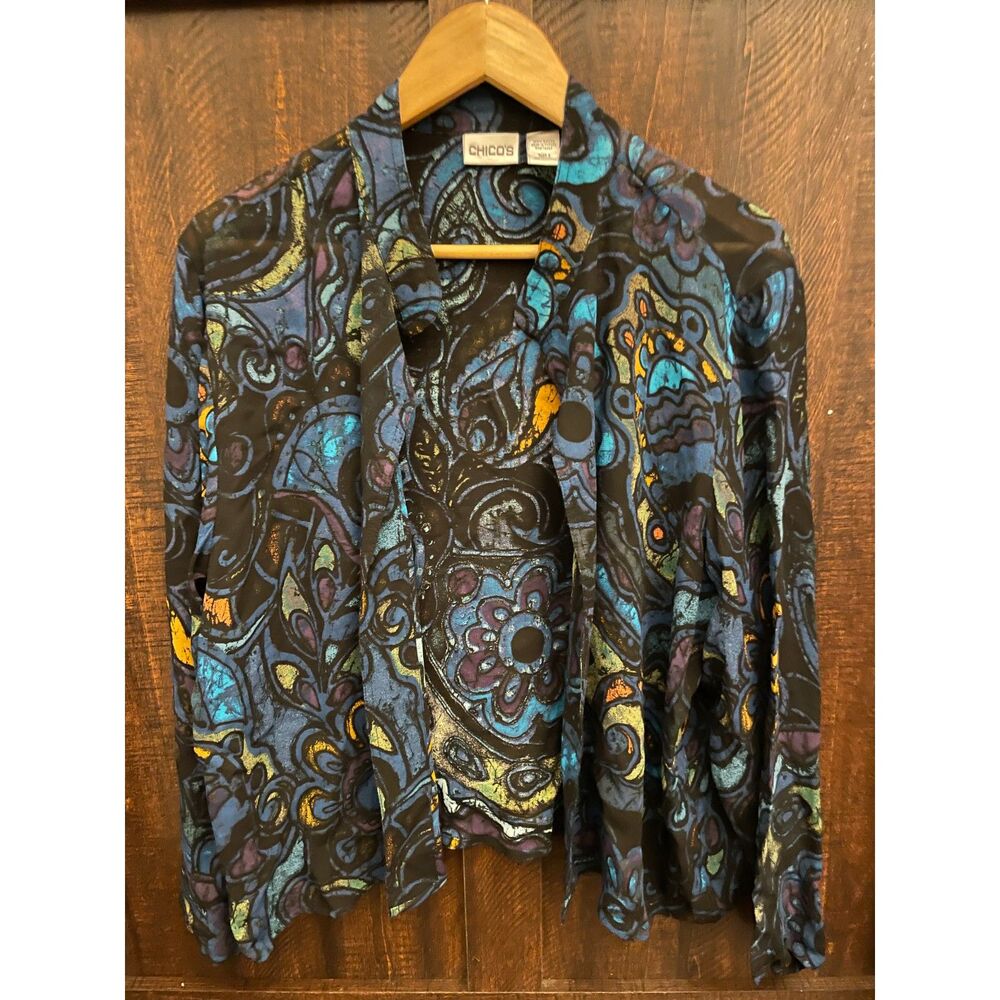 Abstract Swirl Mesh Jacket Top Size 3 Blue Purple Artsy Lightweight Cardigan